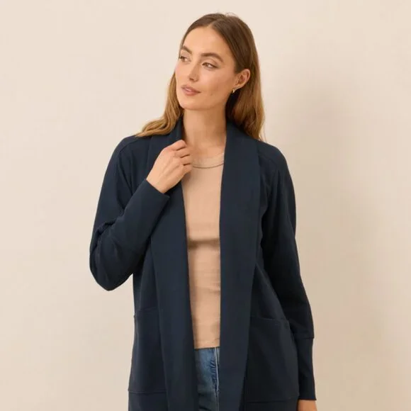 Chico's Women's Navy Blue Shawl Collar Asymmetrical Open Front Cardigan Sz 1/M - Picture 11 of 11